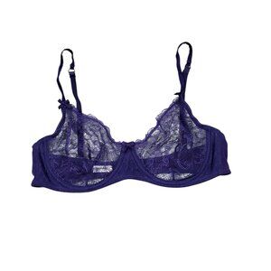 READ Mimi Holliday Unlined Underwire Lace Bra Purple Size 34D Silk Blend